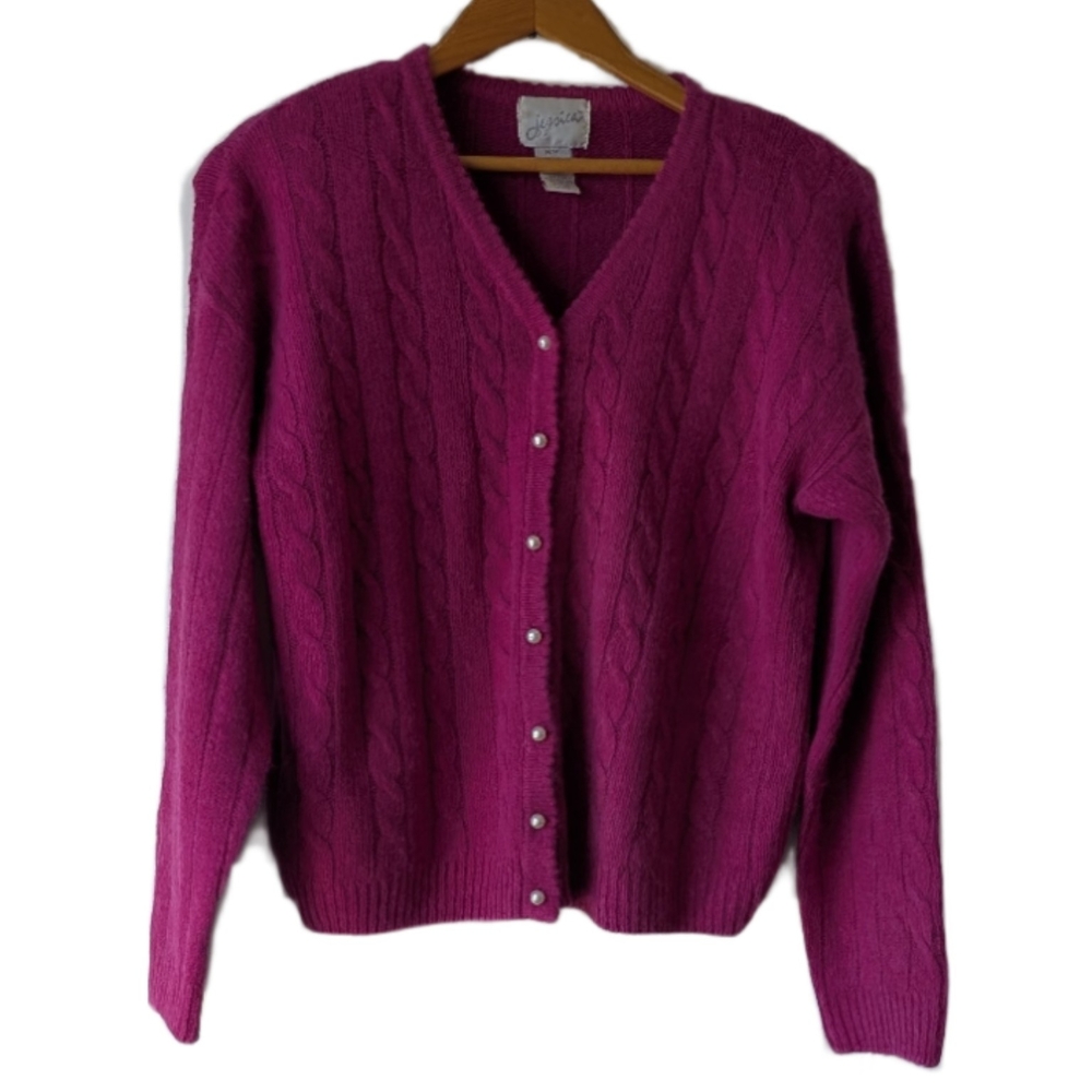 Vintage Cable Knit Cardigan Sweater Silk Angora Pink M